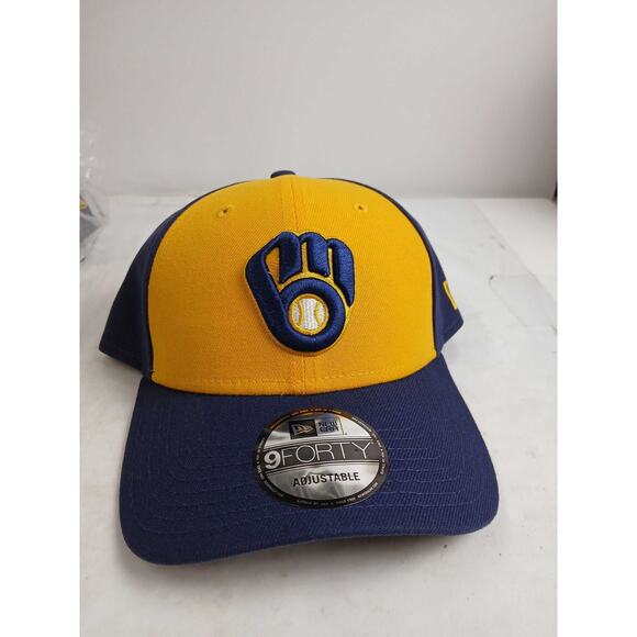 NWT New Era Mens Milwaukee Brewers 9Forty Adjustable Cap Navy/Gold-OS
